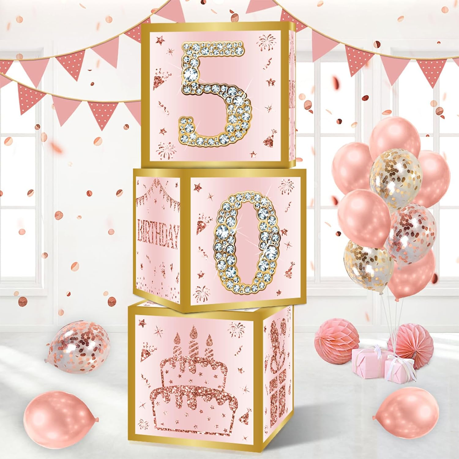 Datamoon 50Th Birthday Decorations Boxes for Women - 3PCS Pink Rose Gold Happy 50Th Birthday Balloons Boxes,Fifty Year Old Birthday Theme Cardboard Box Decor