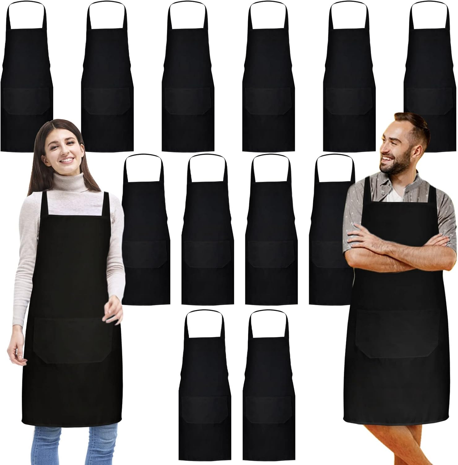 12 Pack Bib Apron,Black Aprons Bulk,Unisex Black Plain Aprons with 2 Pockets,Blank Apron with Long Ties for Adults Cooking Painting BBQ Grilling Baking Machine Washable,32 X 28 Inch