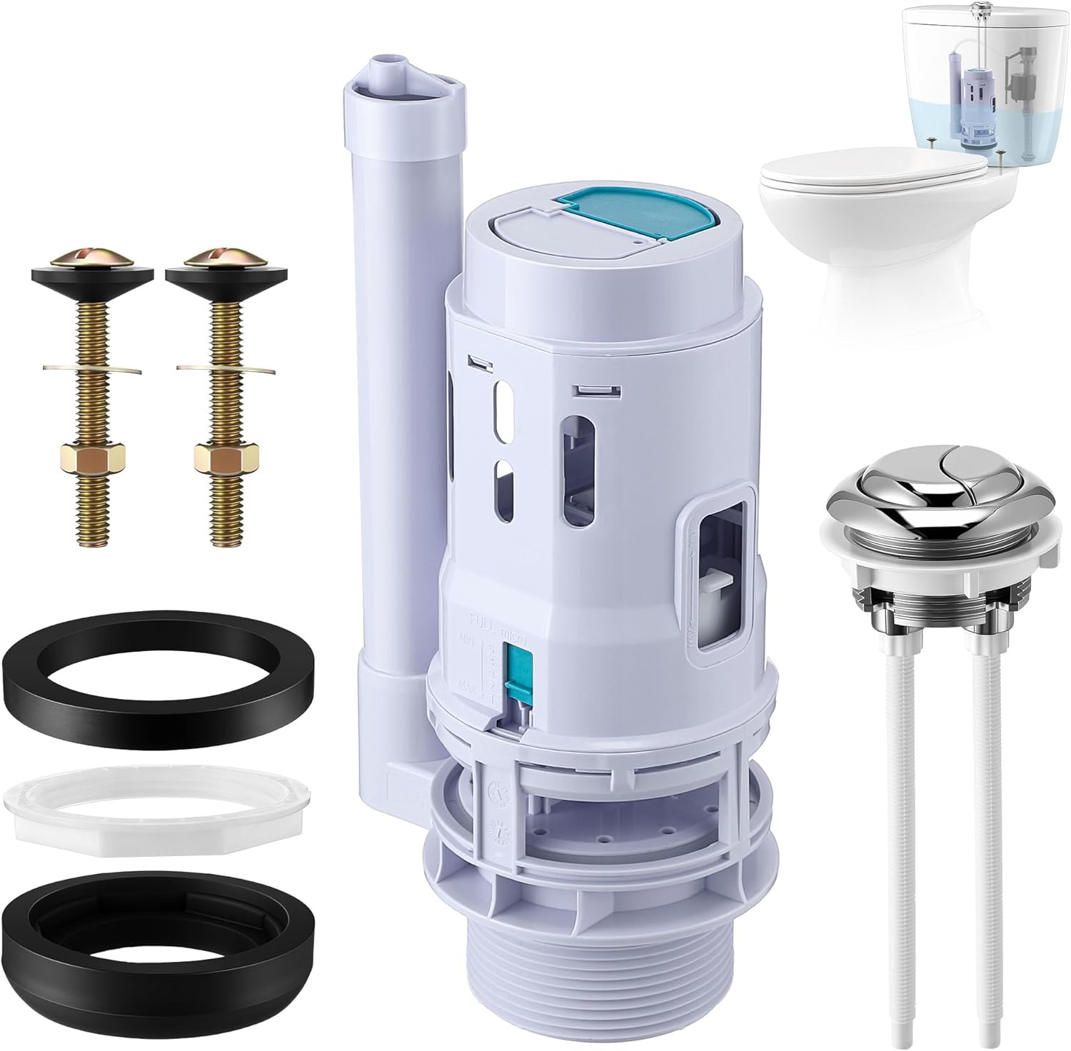 3 Inch Dual Flush Valve Replacement Kit with Top Push Button, Tank to Bowl Gasket and Bolts, Toilet Repair Kit inside Tank for 2 Piece Toilet, Easy to Install(1 Pack)