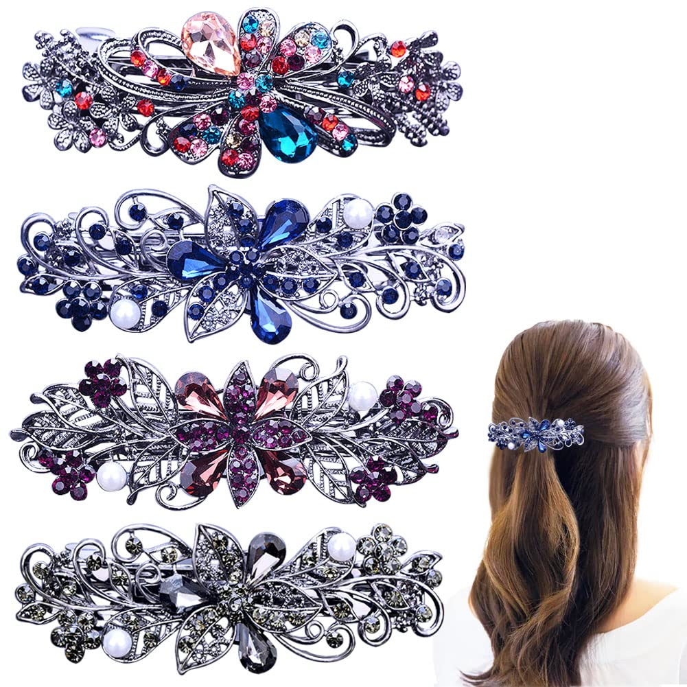 4 PCS Floral Crystal Pearl Hair Barrettes Women