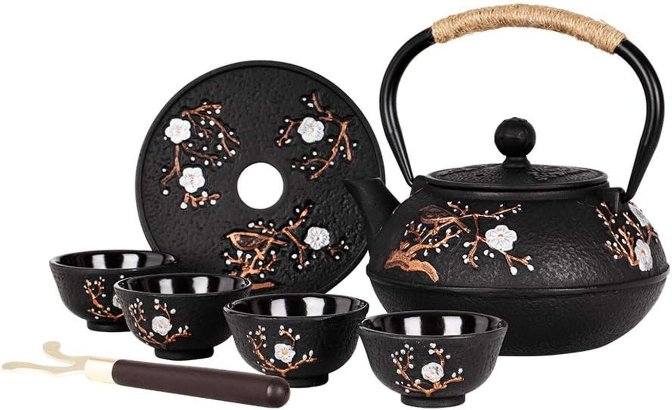 Japanese Style Cast Iron Teapot with 4 Tea Cups Trivet Tetsubin Tea Kettle with Infuser Chinese Tea Set for  Iron Tea Pots Black (Magpie and Plum Pattern)