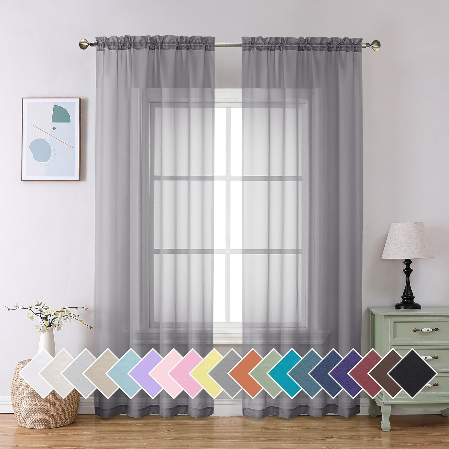 Charcoal Grey Sheer Curtains, 84 inches Long, 2 Panels Sets, for Living Room/Bathroom/Basement, Rod Pocket, 2PCS, 40Wx84L