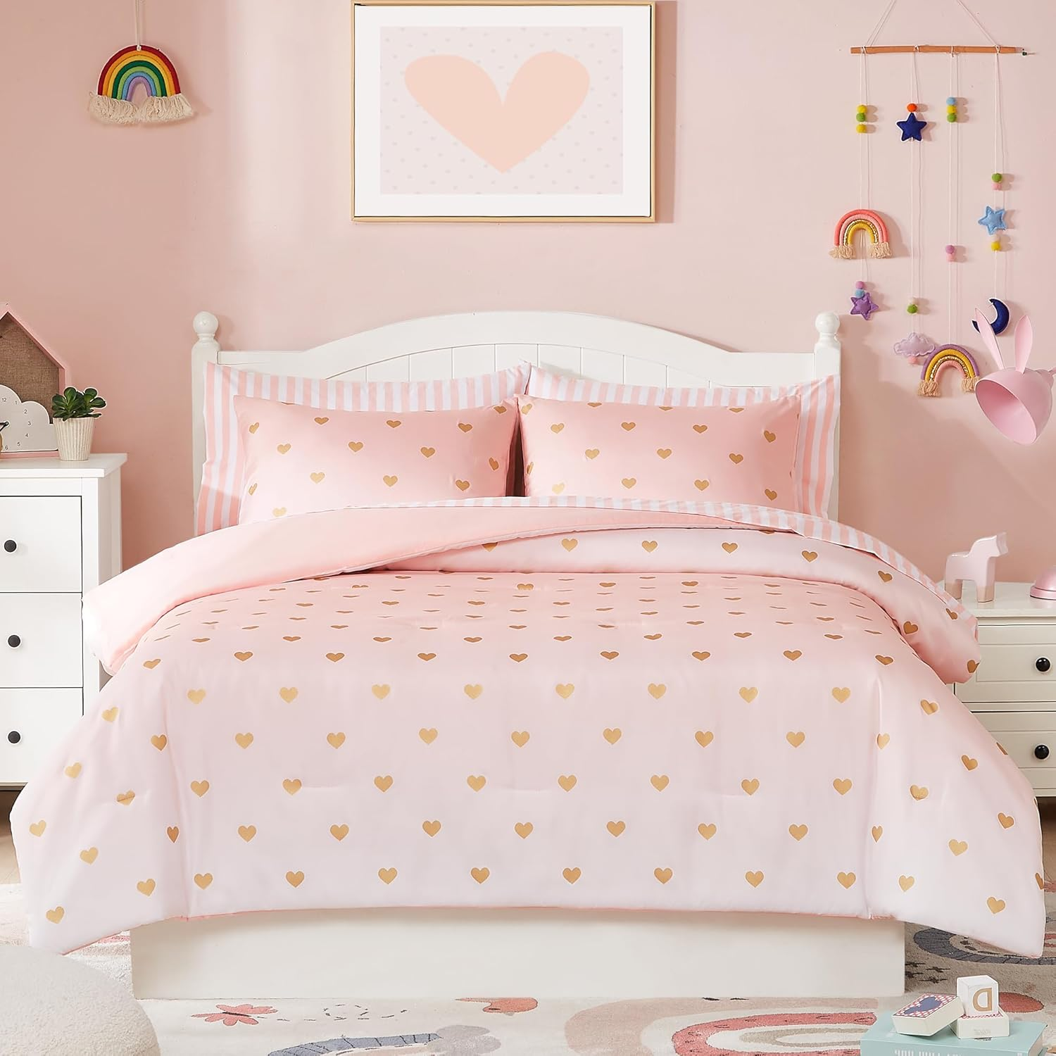 Full Size Comforter Sets with Sheets for Girls-7 Pieces Full Size Bedding Sets with Pink Comforter, Sheets, Pillowcases & Shams for Kids (Pink Gold Heart, 76