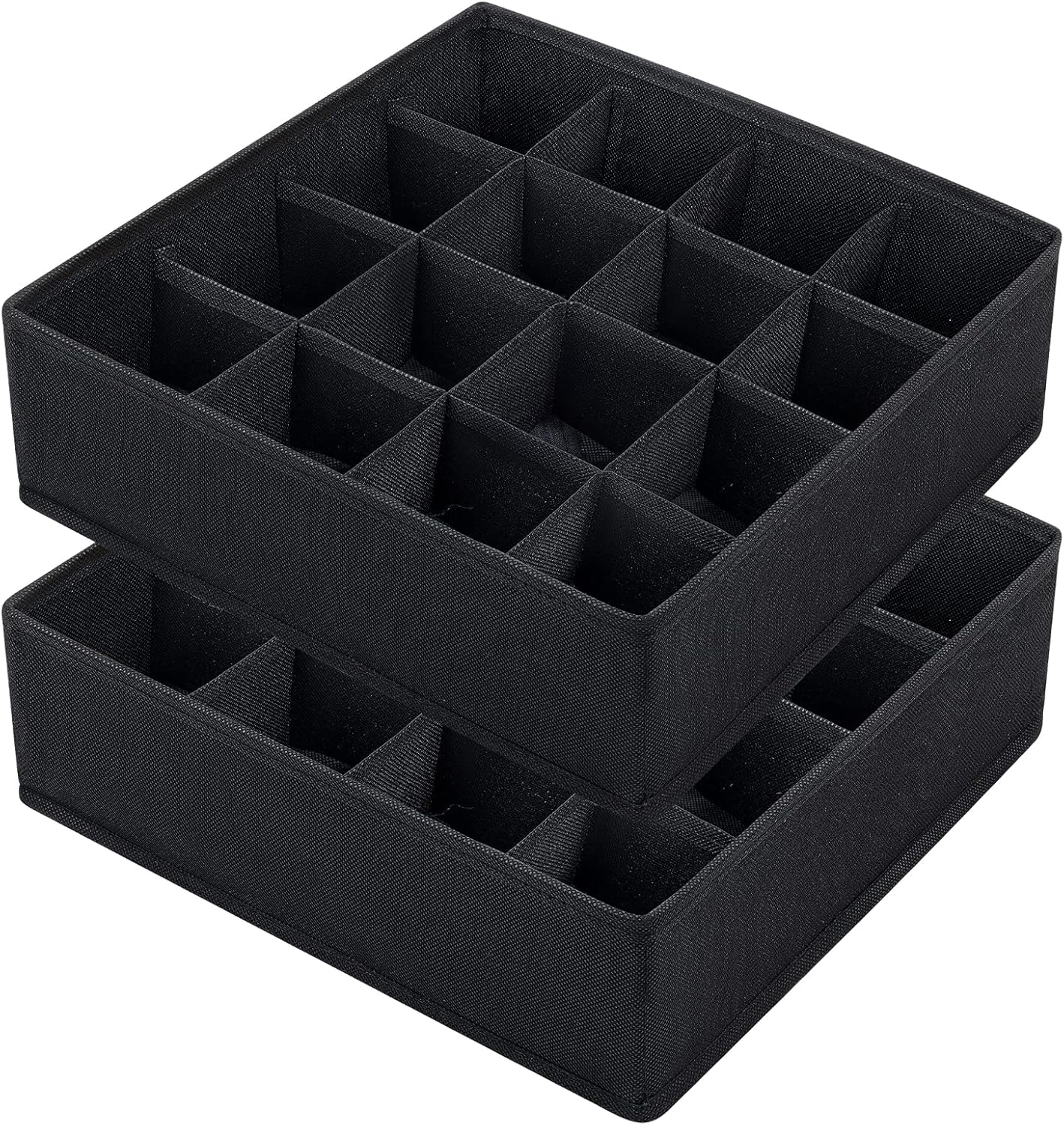 Sock Drawer Organizer Divider, 16-Cell Underwear Organizers and Storage Fabric Drawer Organizer for Socks, Lingerie, Handkerchiefs, Ties Black, 2 Packs