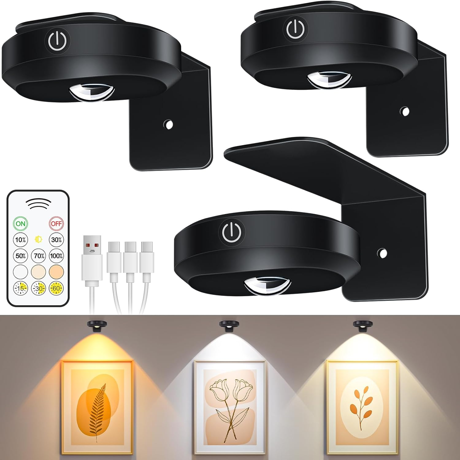 Battery Operated Picture Light, 1200mAh Rechargeable Puck Lights with Remote, Dimmable&Timer Art Display Lights for Paintings, Led Closet Light, Wireless Picture Gallery Lights for Wall/3 Pack