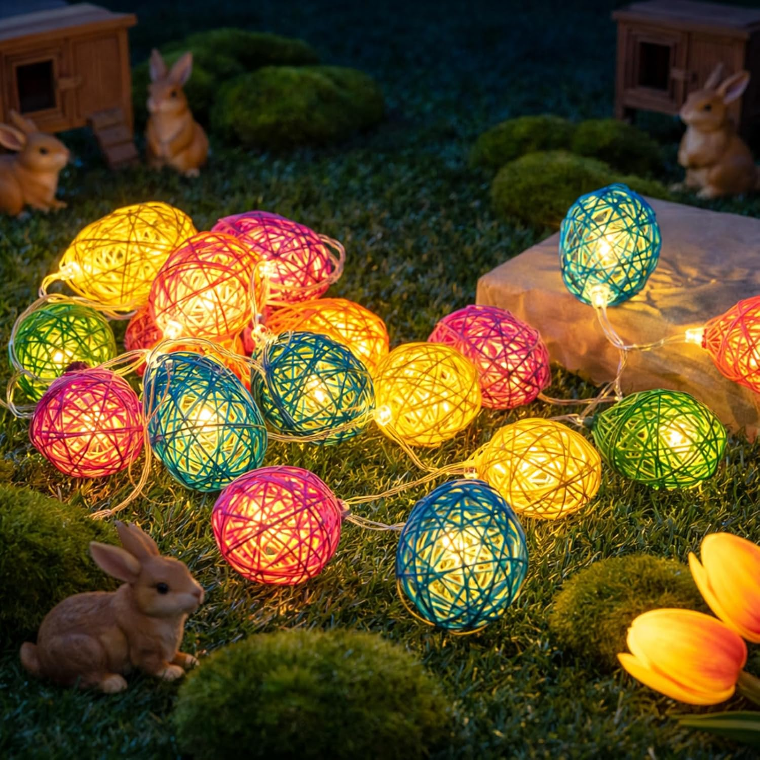 Easter Egg LED String Lights - 20 Colorful Rattan Eggs for Spring Decor