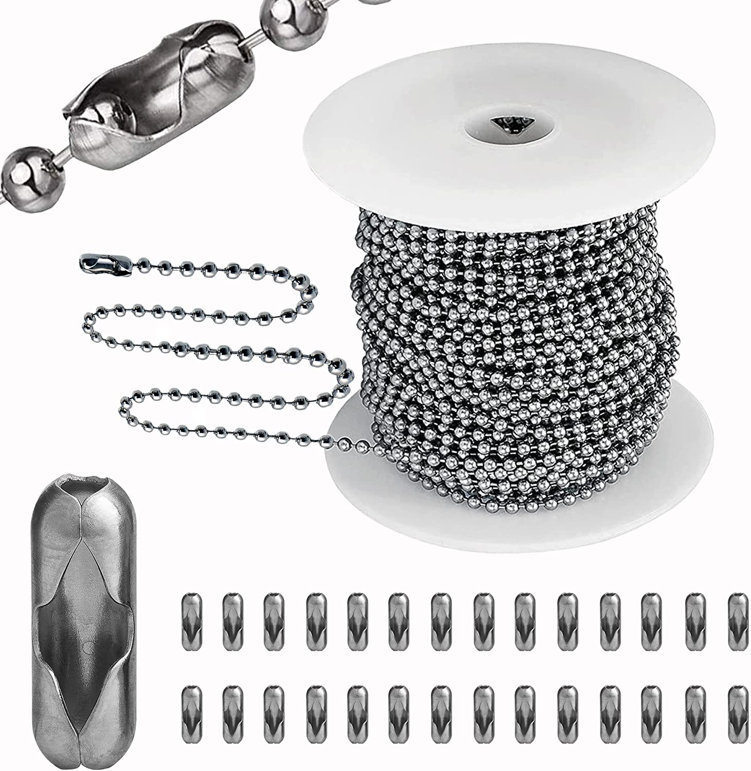 55Ft Stainless Steel Ball Chain w/ 100 Connectors for Jewelry DIY Dog Tags Crafts