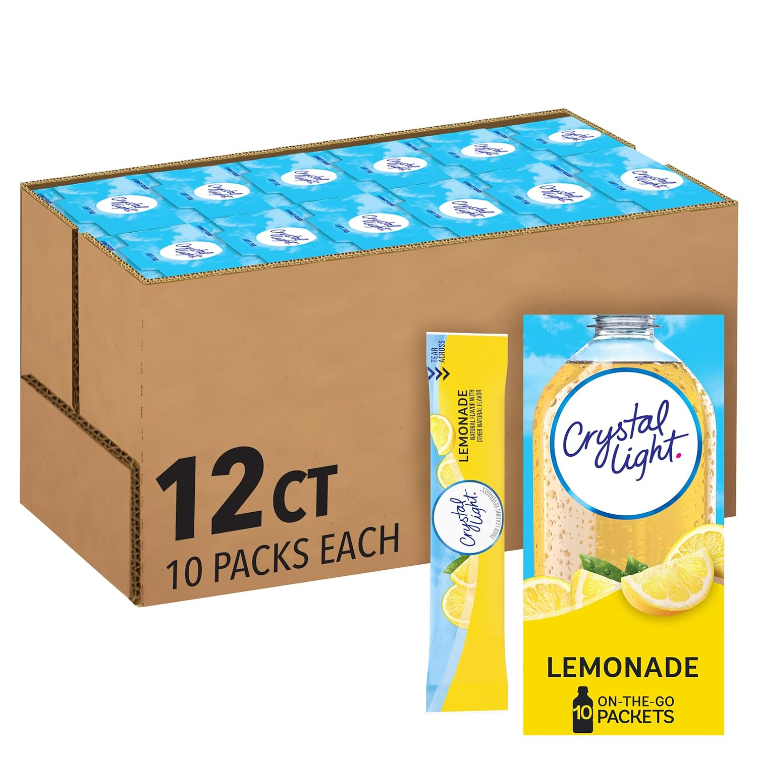Crystal Light Lemonade Naturally Flavored Powdered Drink Mix, 120 Ct Pack, 12 Boxes of 10 On-The-Go-Packets
