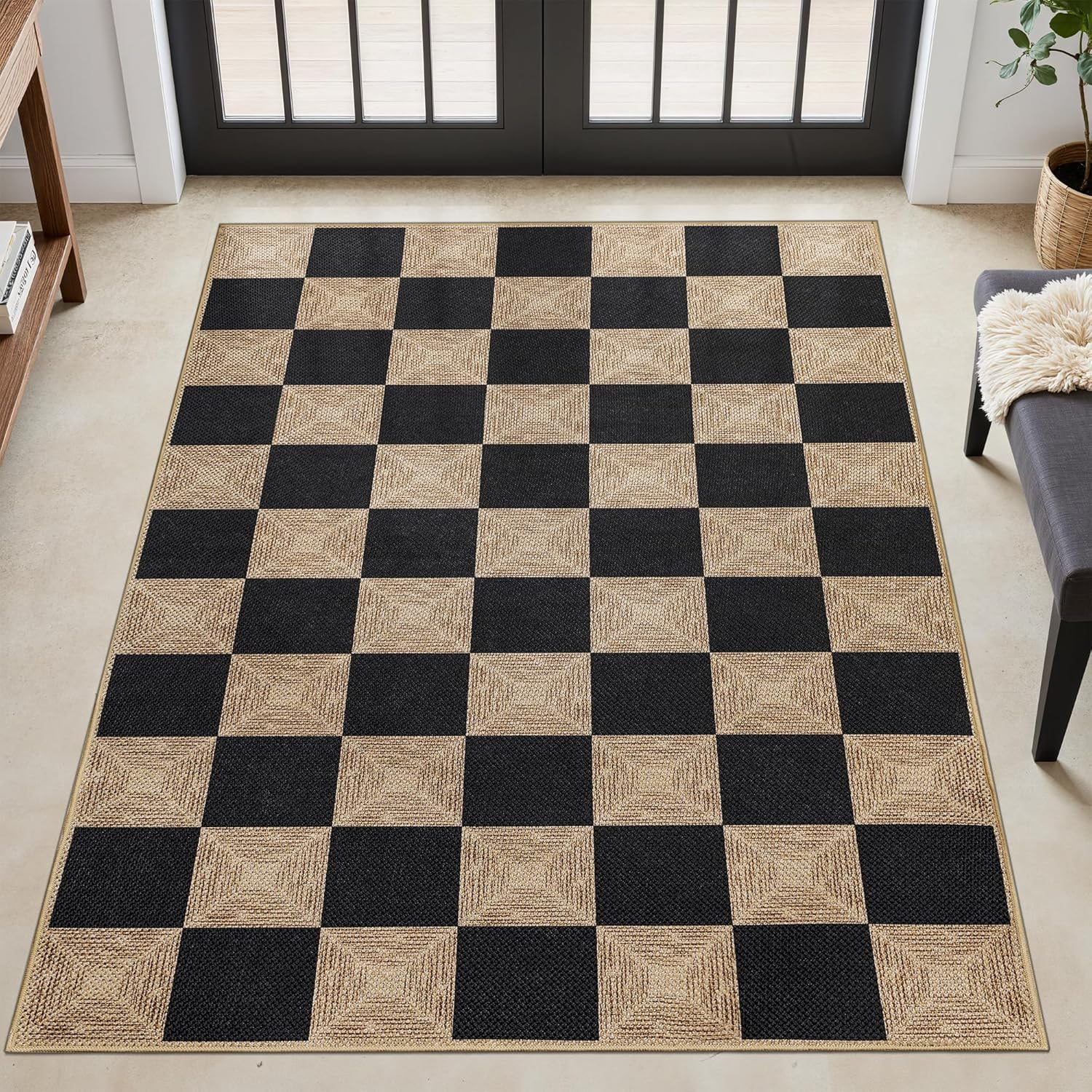 Checkered Easy Jute 3X5 Outdoor Patio Rug,Washable Non-Slip Indoor Outdoor Carpet for Entryway, Farmhouse Patio,Neutral Black Geometric Area Rug for Backyard Bedroom