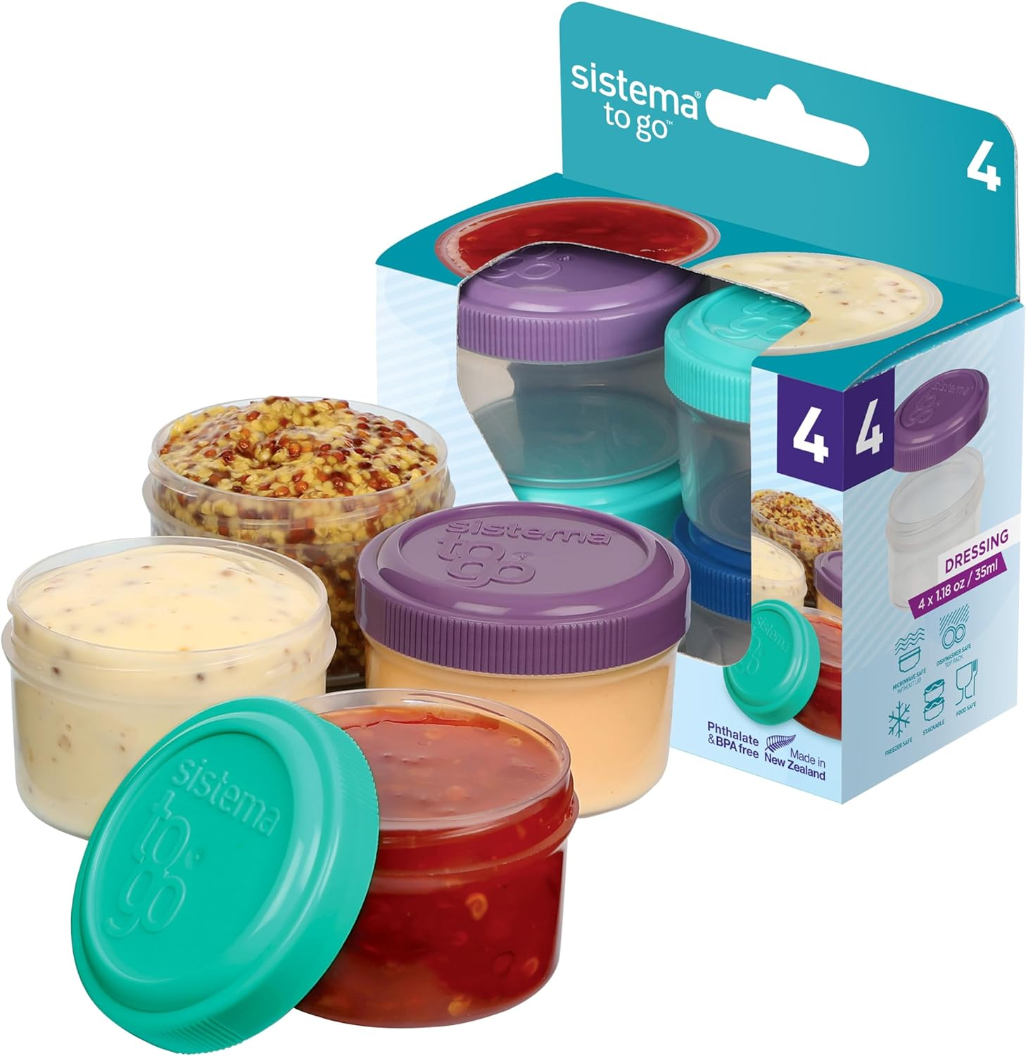 4-Piece Salad Dressing and Condiment Containers with Lids for Lunch