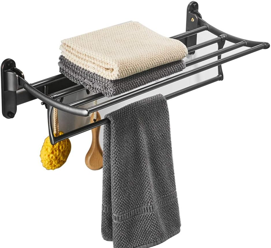 Besy 24 Inch Oil Rubbed Bronze Towel Racks, Bathroom Towel Shelf with Foldable Towel Bar Holder and Towel Hooks, Wall Mounted Multifunctional Bathroom Accessories, Double Towel Bars
