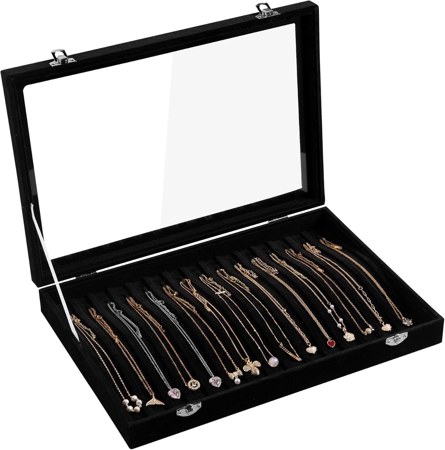 Frebeauty 15 Hooks Necklace Tray Velvet Neckalce Organizer with Clear Lid Lockable Necklace Holder Box Jewelry Organizer for Pendants Chains Necklace Jeweley Tray for Women Girls(Black)