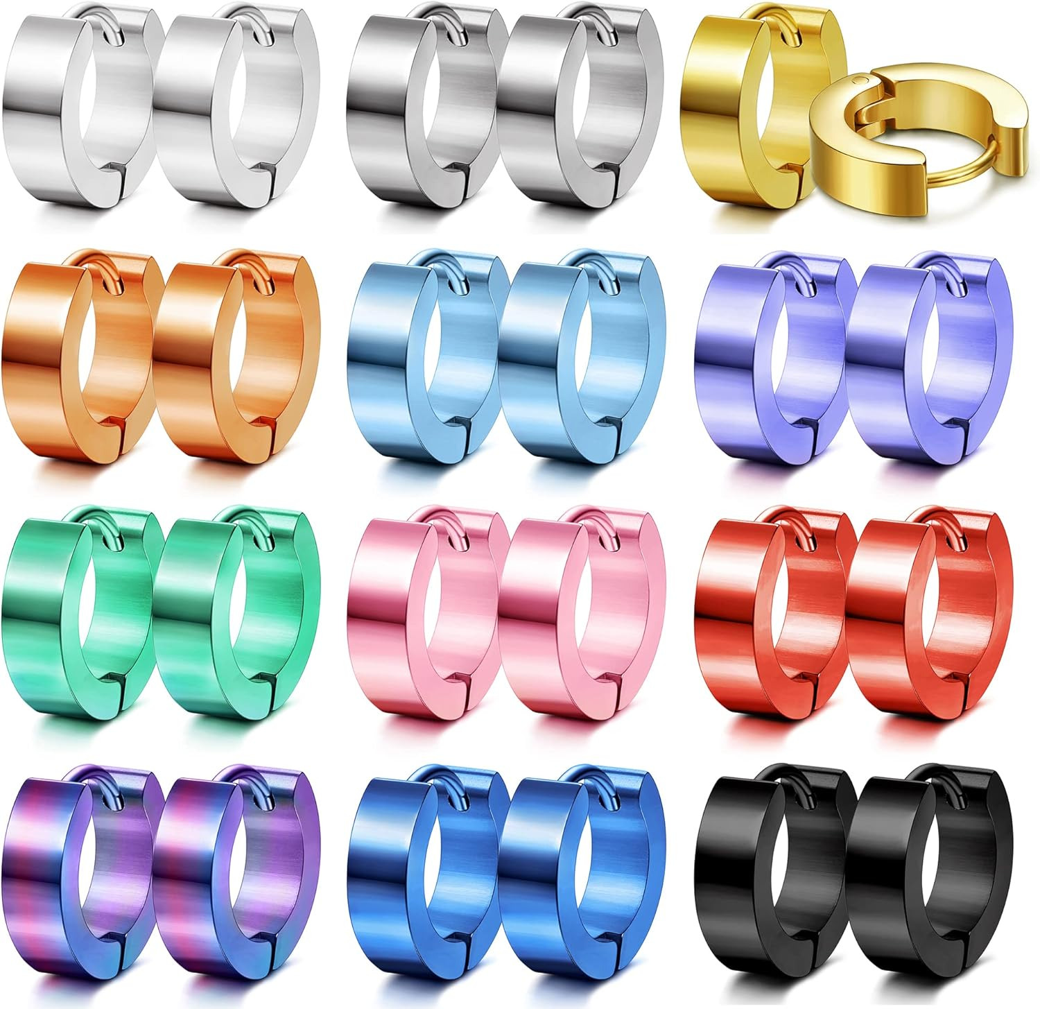 12 Pairs Stainless Steel Small Hoop Earrings for Women Colorful Mens Earrings Hoop Hinged Huggie Hoop Earrings Piercing Set