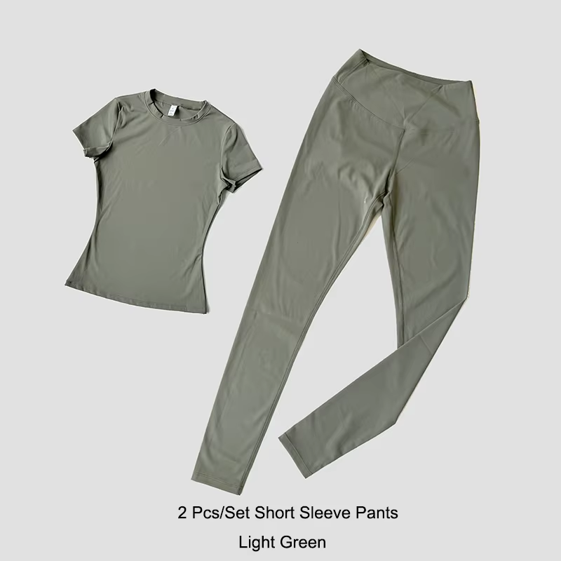 Quick-Drying Gym Leggings Set Sport Suit Short Sleeve Breathable Stretchy Slim Fitness Active Top Tight Gym Set