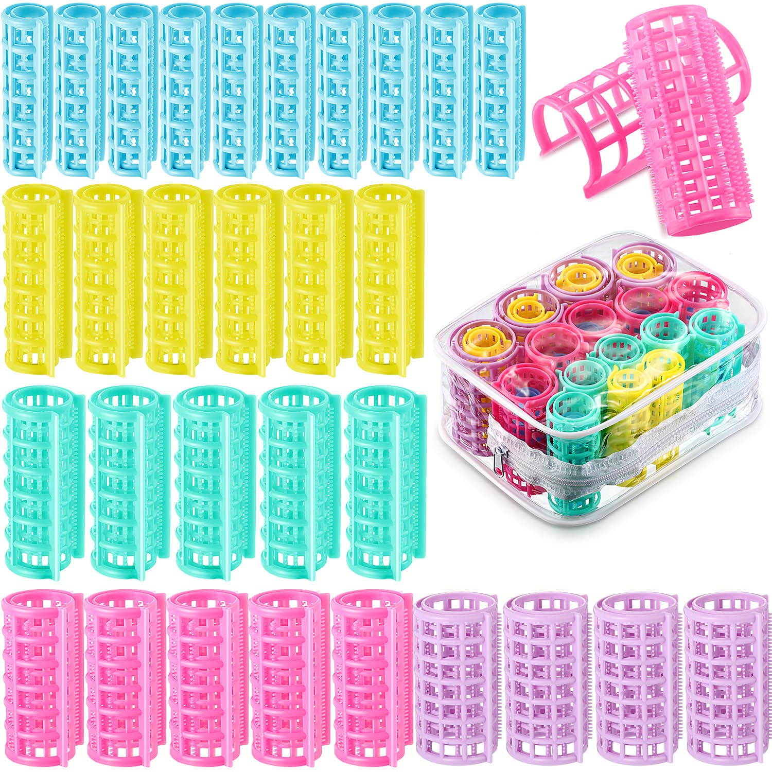30 Pieces Plastic Hair Rollers - Self-Grip Curlers in 5 Sizes, No Heat Required for DIY Hair Styling and Salon Use