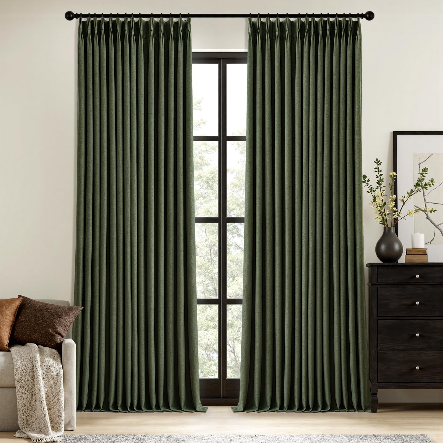 MIULEE Olive Green Pinch Pleated 100% Blackout Linen Curtains 90 Inch Length 2 Panels Set, Black Out Memory Trained Pleat Curtains Light Blocking Room Darkening Drapes for Bedroom Living Room Window