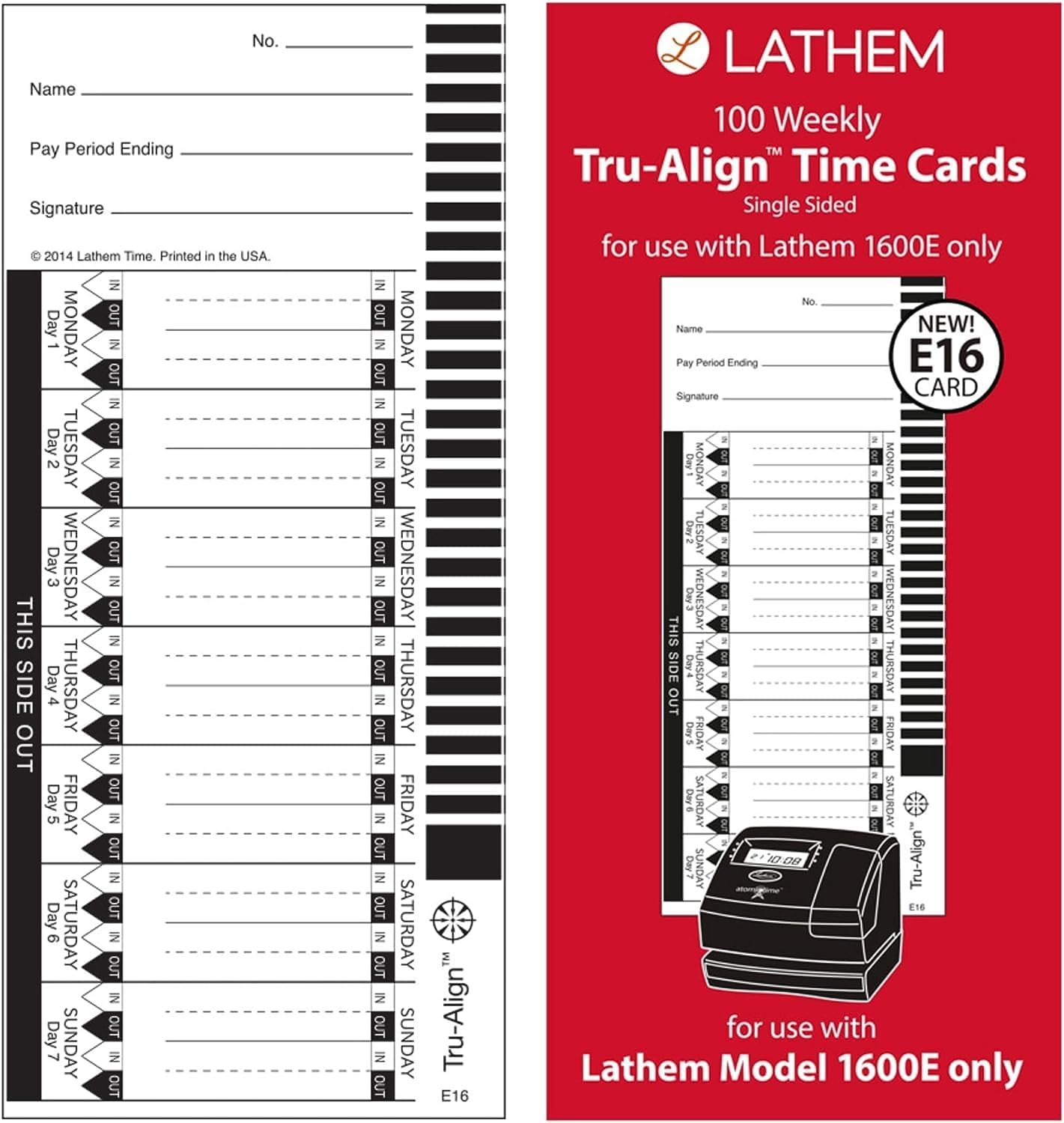 Lathem Trualign E16 Time Cards for 1600E, Weekly, 1-Sided, 4
