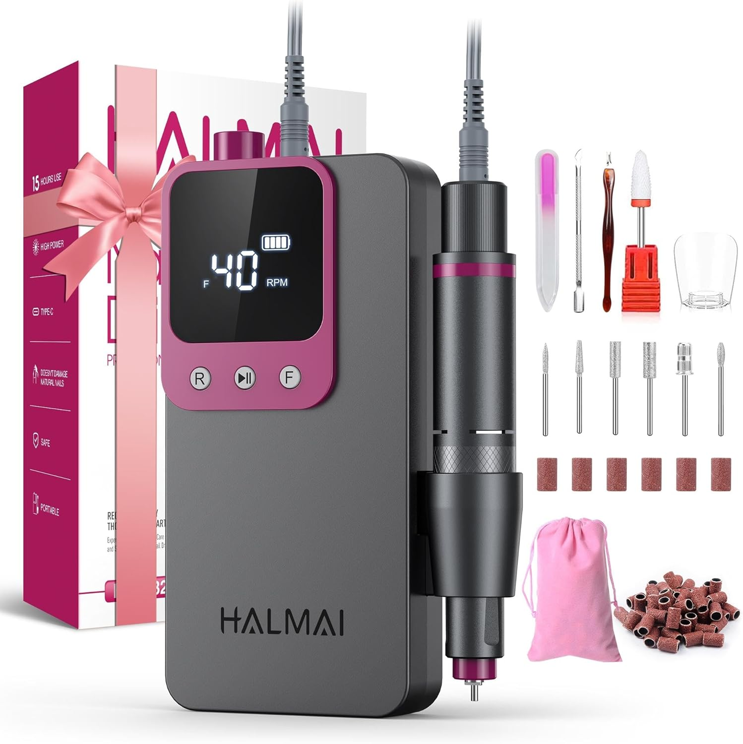 Electric Nail Drill Professional, Portable Nail File for Acrylic Gel Nails, Cordless Rechargeable Ultra Power Nail Drill Kit 40000RPM, HMC320 Salon-Grade Efile Nail Machine (Dark Grey)
