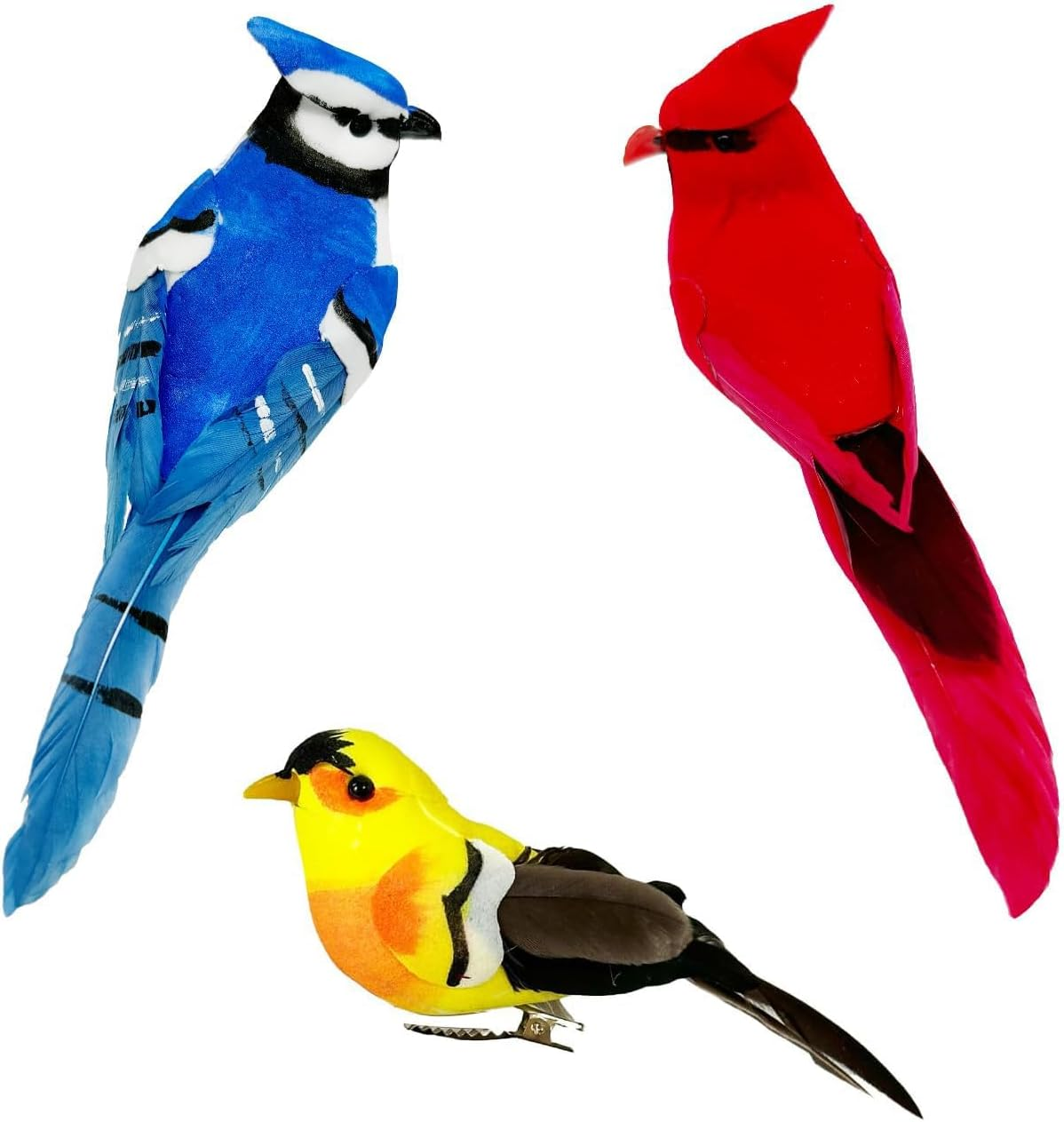 Artificial Birds Set 3 Assorted Red Cardinal Blue Jay Goldfinch Christmas Tree