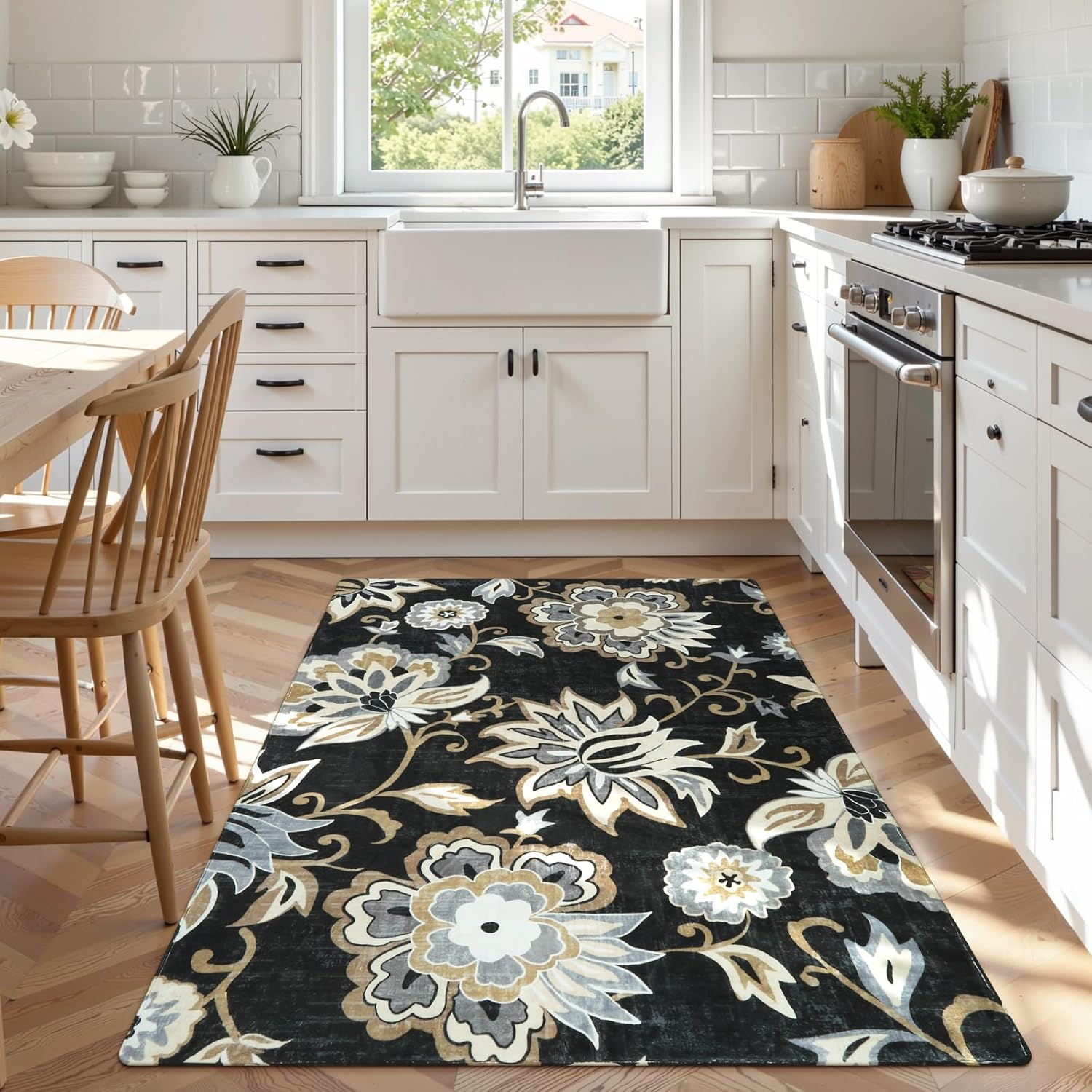 Floral Washable Living Room Area Rug - 3X5 Non-Slip Low-Pile Rugs for Entryway, Throw Small Stain Resistant Kitchen Rugs Soft Black Paisley Print Carpet for Office Bedroom Laundry Room Office