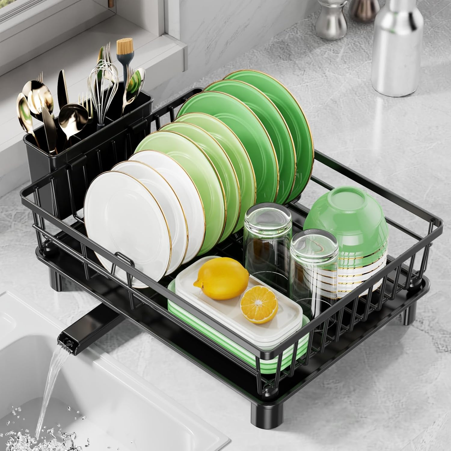 Dish Drying Rack for Kitchen Counter, Stainless Steel Drainer anti Rust, Smart Drainage System Drainboard with Detachable Cutlery Holder, Handwash Dish Helper for Home, Apartment Space Saving