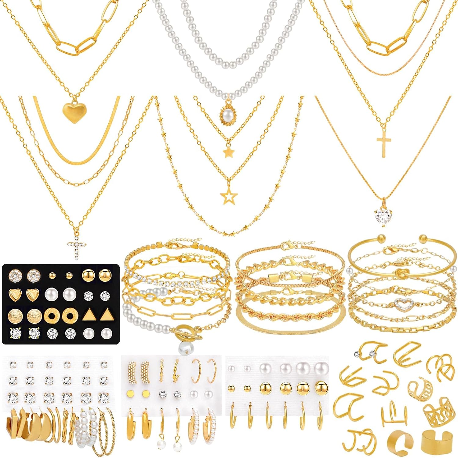 69 Pieces Gold Jewelry Set for Women Fashion Costume Jewelry Gold Plated Necklace Bracelet Earrings Set for Women