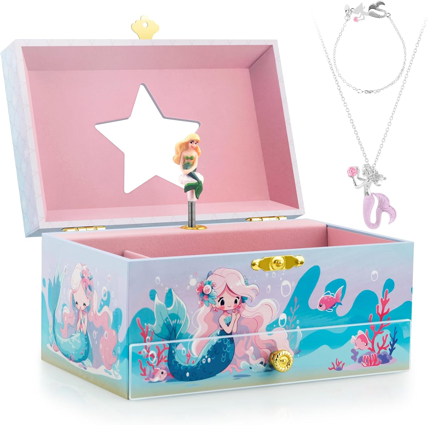 Kids Musical Jewelry Box with Storage Drawer and Pretty Jewelry Set Cute Mermaid