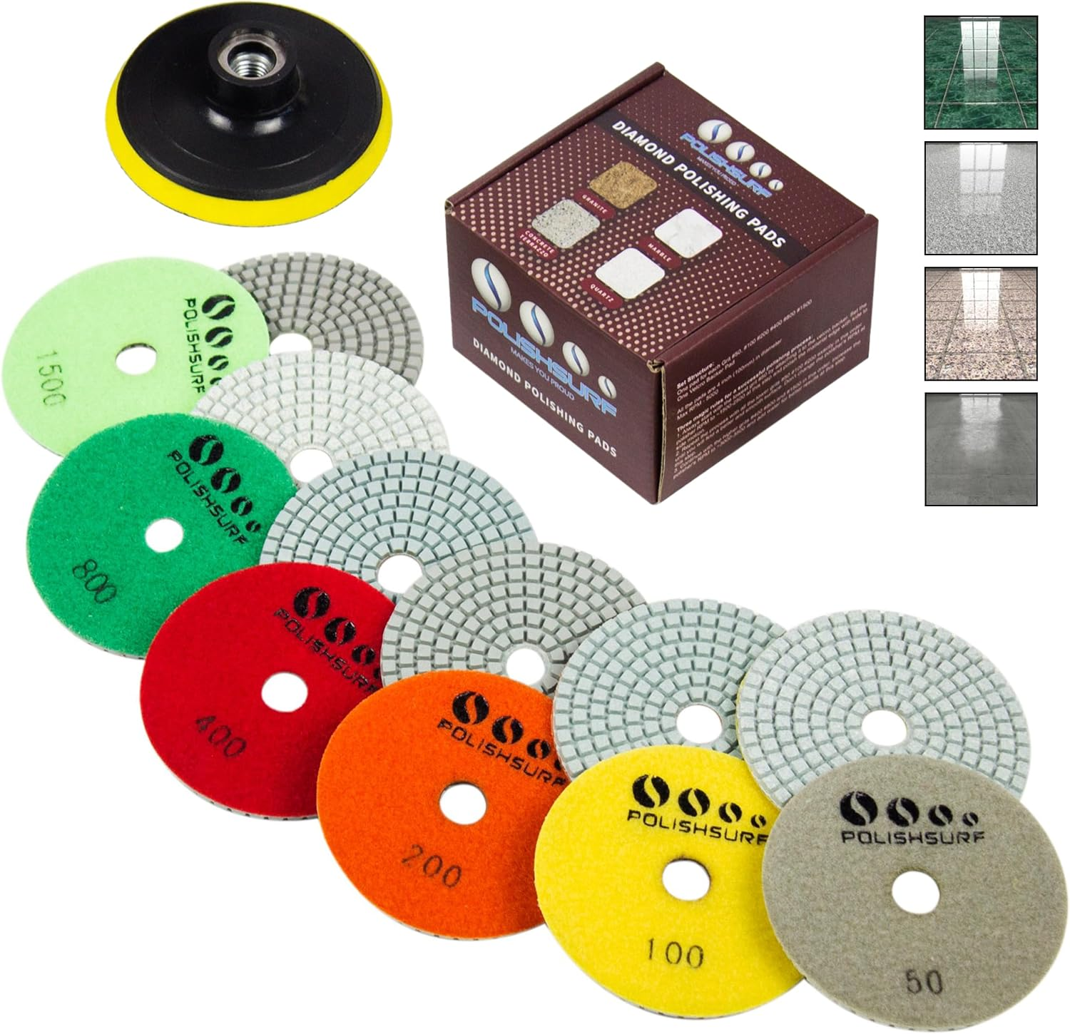 Diamond Polishing Pads 4 Inch Wet Dry Set 7 Pieces for Concrete Marble Quartz Stone Countertop Granite Polishing - By