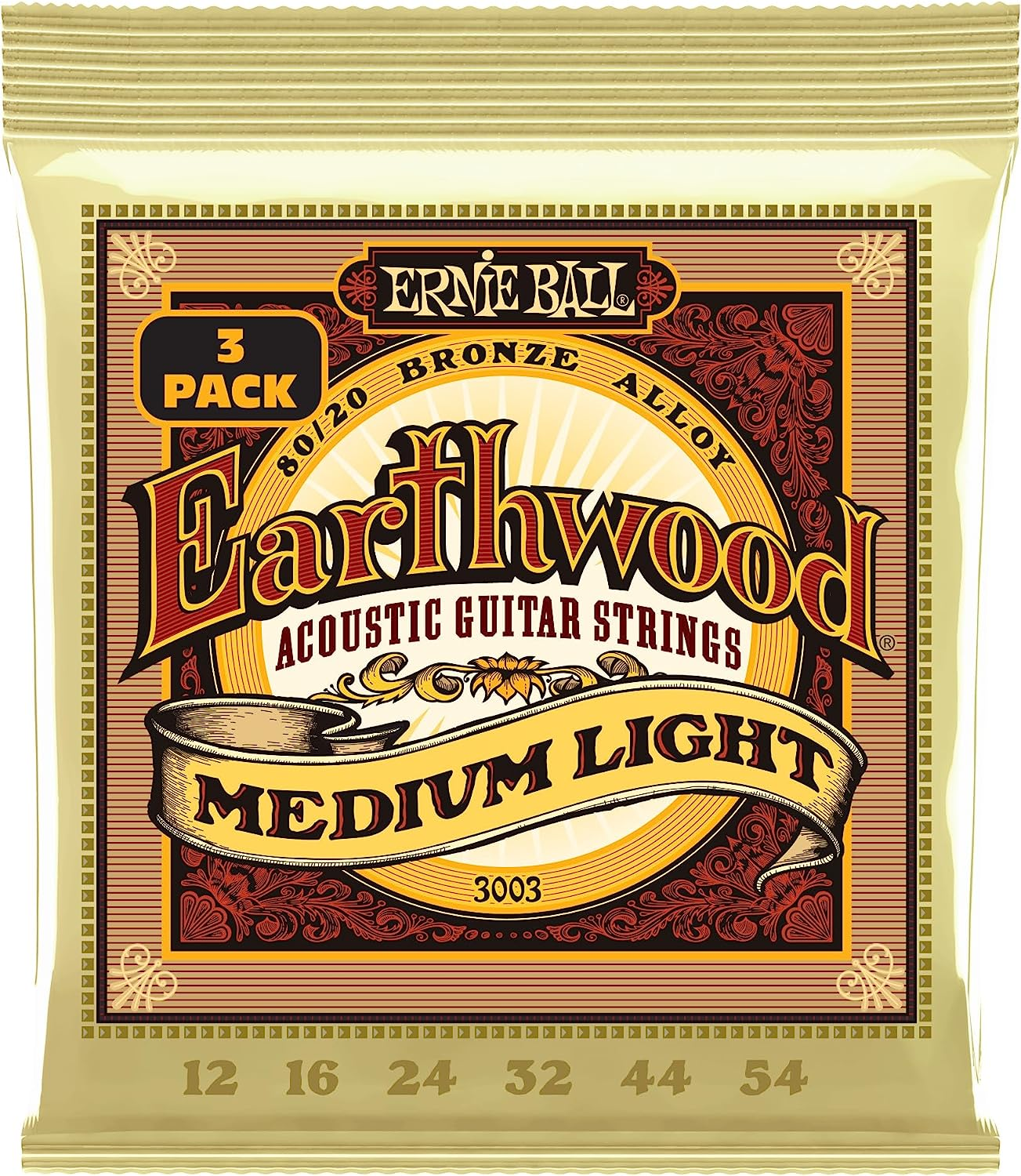 Earthwood Medium Light 80/20 Bronze Acoustic Guitar Strings 3-Pack, 12-54 Gauge (P03003)
