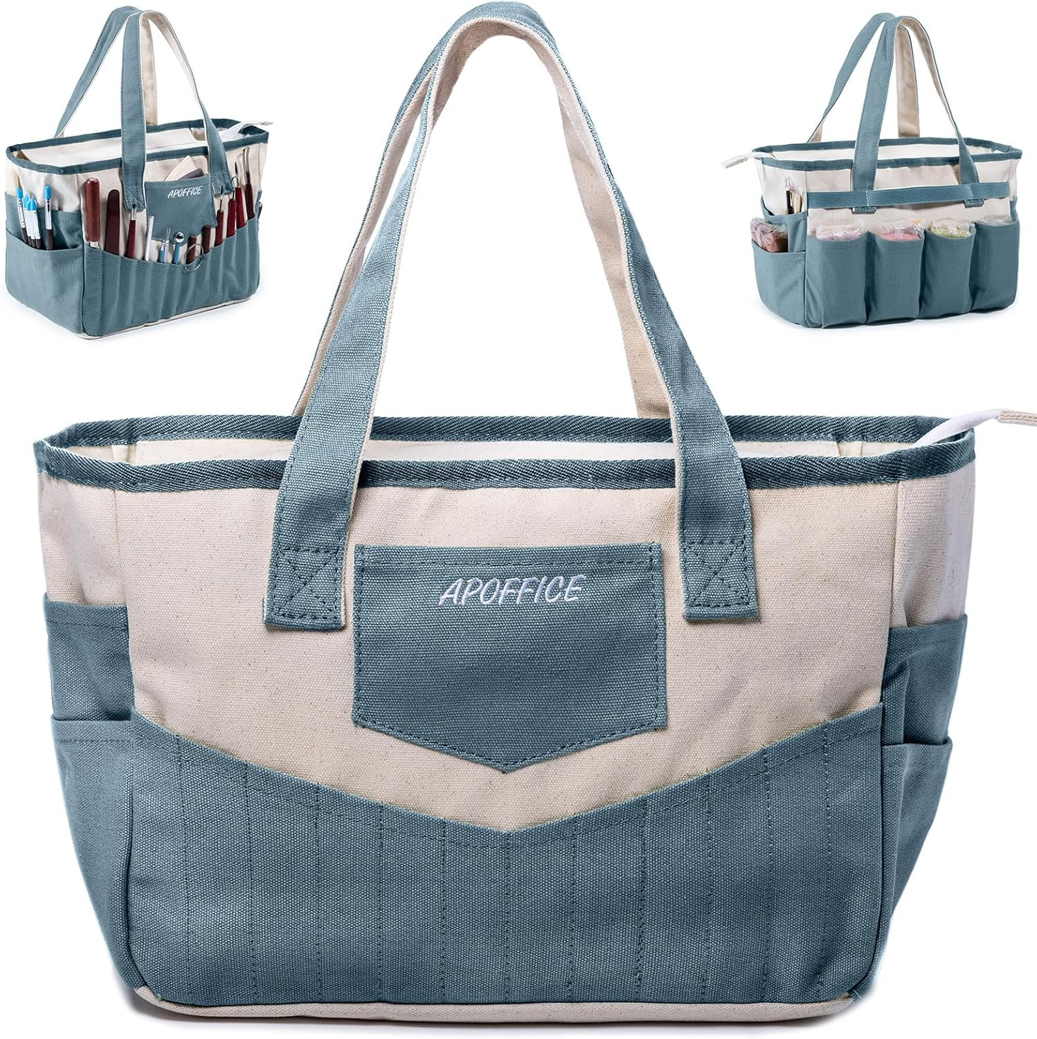 Pottery Tools Bag with Pockets for Clay Sculpting Tools, Ceramic Toolsā Art Supply Organizer for Polymer Clay Tools, Craft Tote, Yarn & Crochet Storage, Washable Canvas Artist Bag Gift