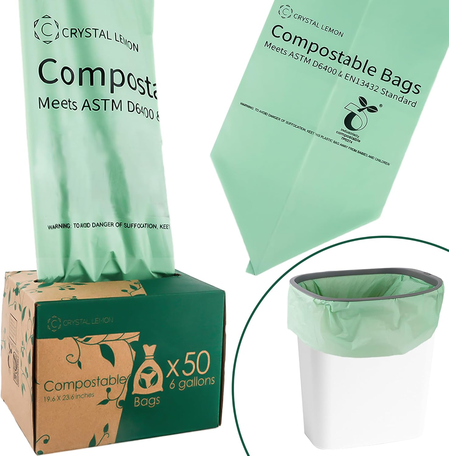 50 Count Biodegradable Kitchen Food Waste Bags - 6 Gallon Scraps Bags - Heavy Duty Compostable Waste Bags for Kitchen - Unscented Trash Bags 6 Gallon for Yard, Food