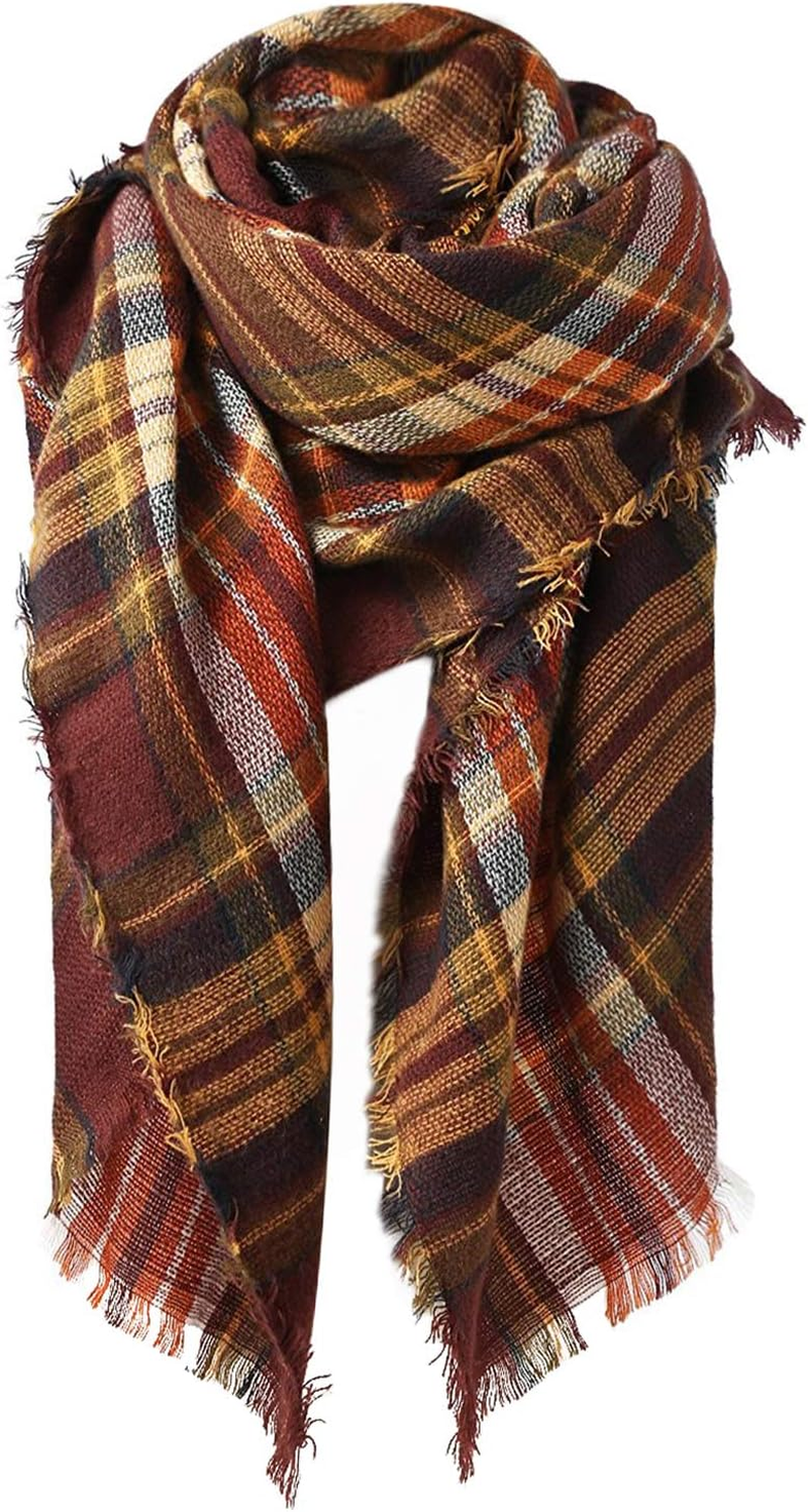 Womens Fall Winter Scarf Plaid Tassel Soft Warm Blanket Scarves Womens Shawl Wraps