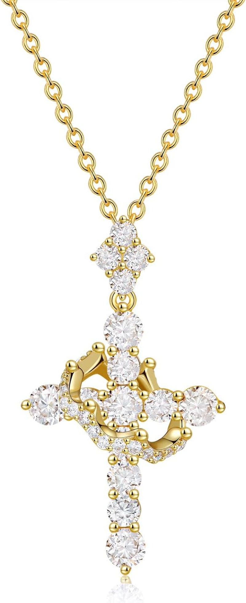 Upgraded Moissanite Crown Cross Necklace 14K Gold Vermeil 1.1 Carats Dainty Iced Out Christian Faith Cross Jewelry S925 Sterling Silver Simple Gold Moissanite Cross Pendant Necklace for Women