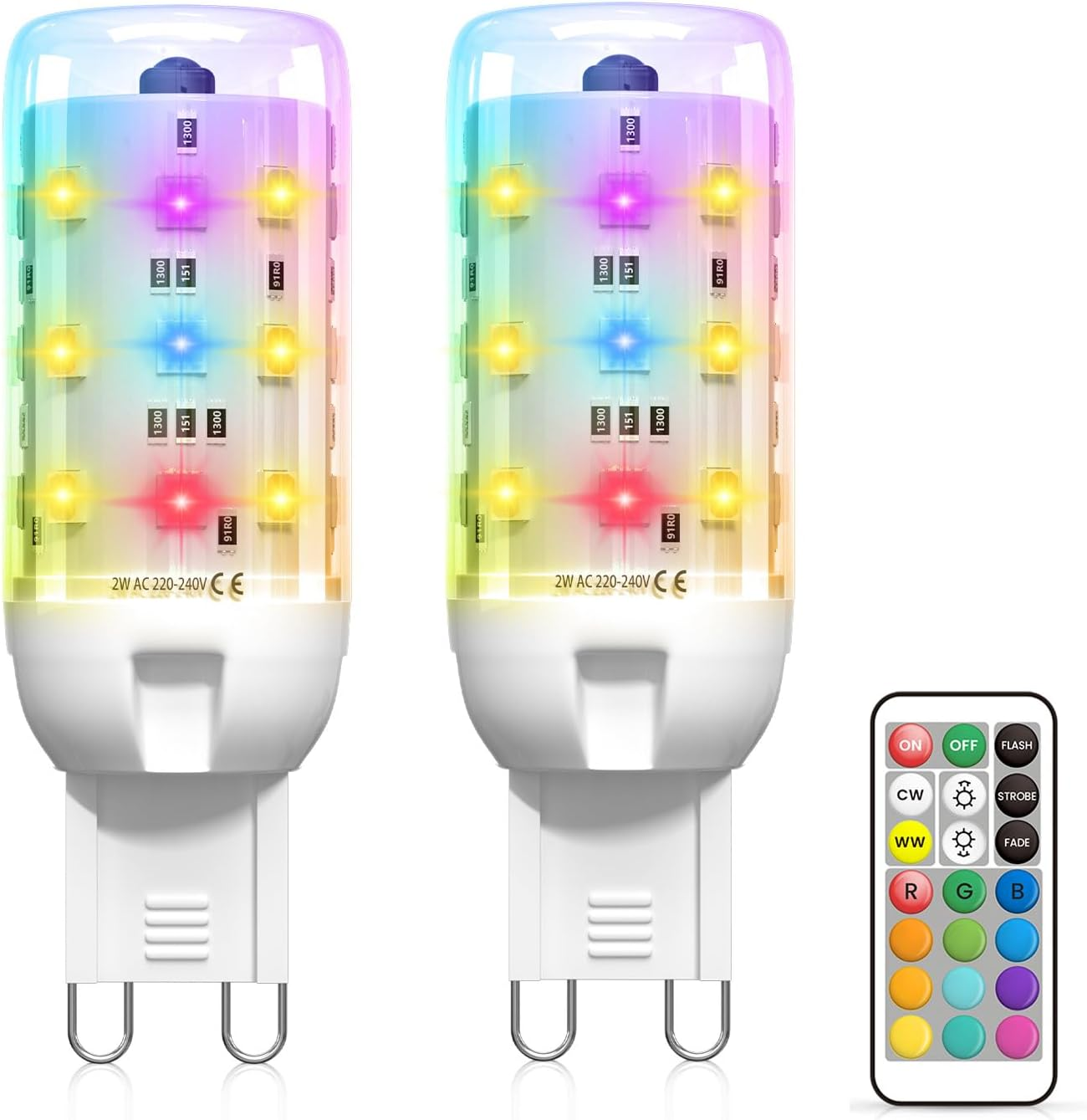 2-Pack 2W G9 LED Colour Changing Light Bulbs, Dimmable RGB & Warm White, 13 Colours, Remote Control, Colour Changing Bulb for Home, Mood Lighting, Party Decor