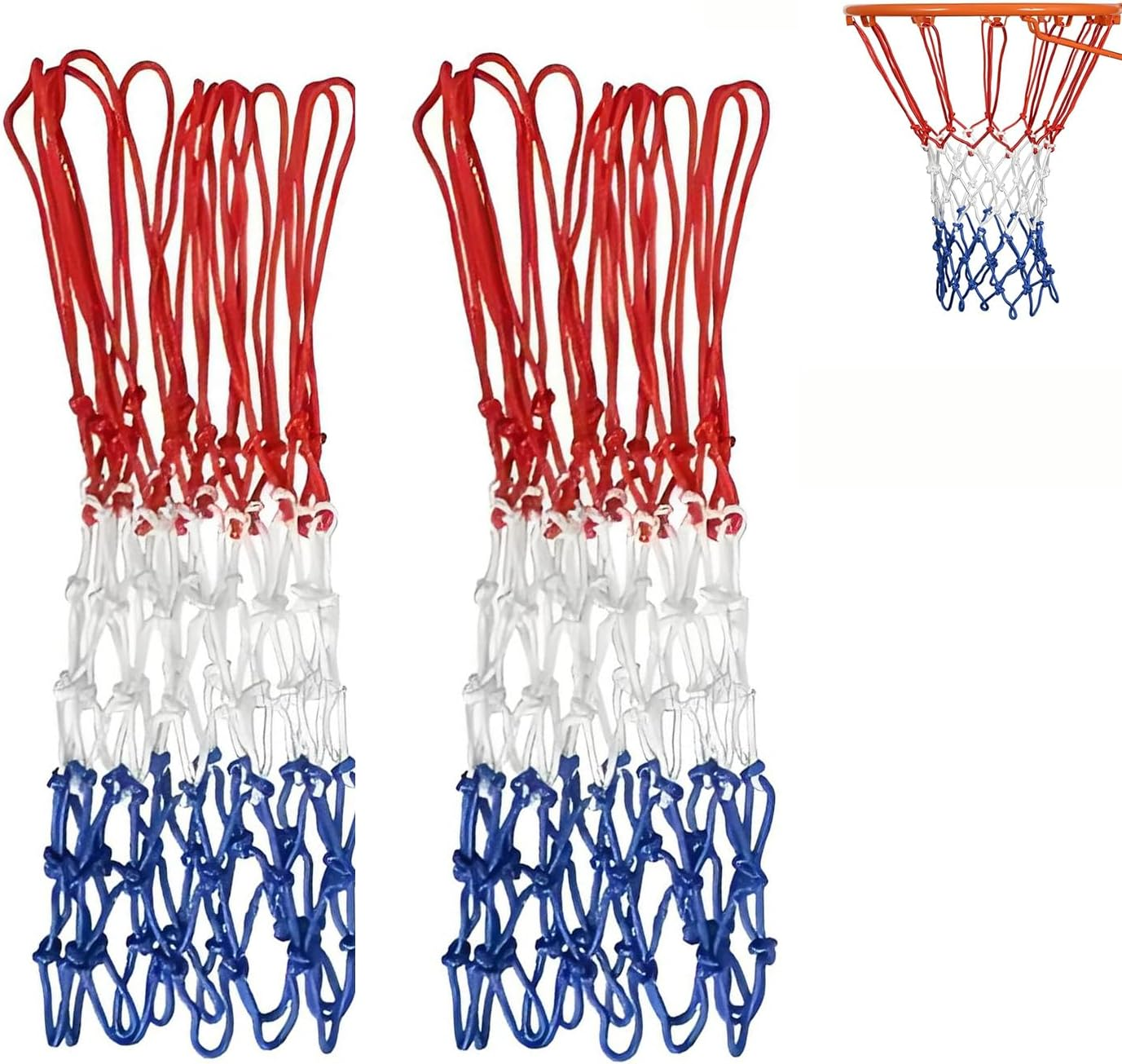 2 Pack Basketball Net Replacement, 2024 Upgrade Thick Professional Basketball Nets Heavy Duty Outdoor, All Weather anti Whip Color Never Fade -12 Loops (Red White Blue)