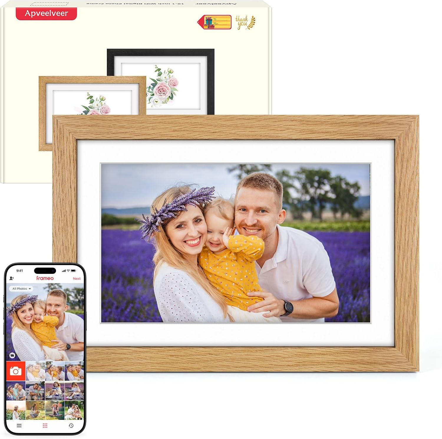 Digital Photo Frame Wifi Oak Wood Frame, Frameo Digital Picture Frame 10.1 Inch, 32GB Memory, 1280 * 800 HD IPS Touchscreen, Auto-Rotate, Share Photos Videos via Frameo APP