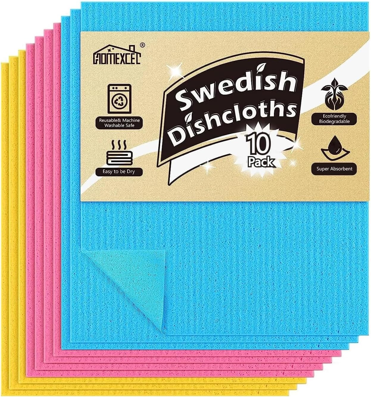 Swedish Dishcloths for Kitchen 10 Pack, Sponge Dish Cloth for Counters & Washing Dishes, Reusable and Absorbent Paper Towels, 3 Colors Assorted