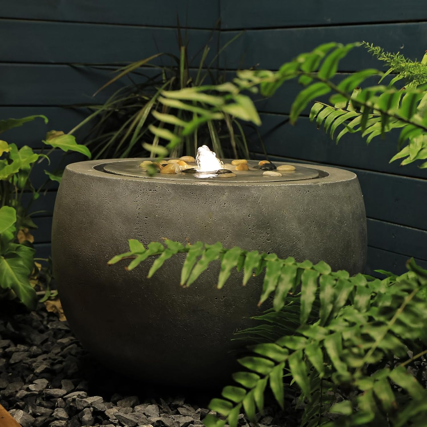 Garden Water Fountain Outdoor Water Feature Indoor with Lights & Pump and Pebbles,Round Flow Fountains Concrete Effect for Patio Deck Pond Yard Home Decor, Gray, 17.7 