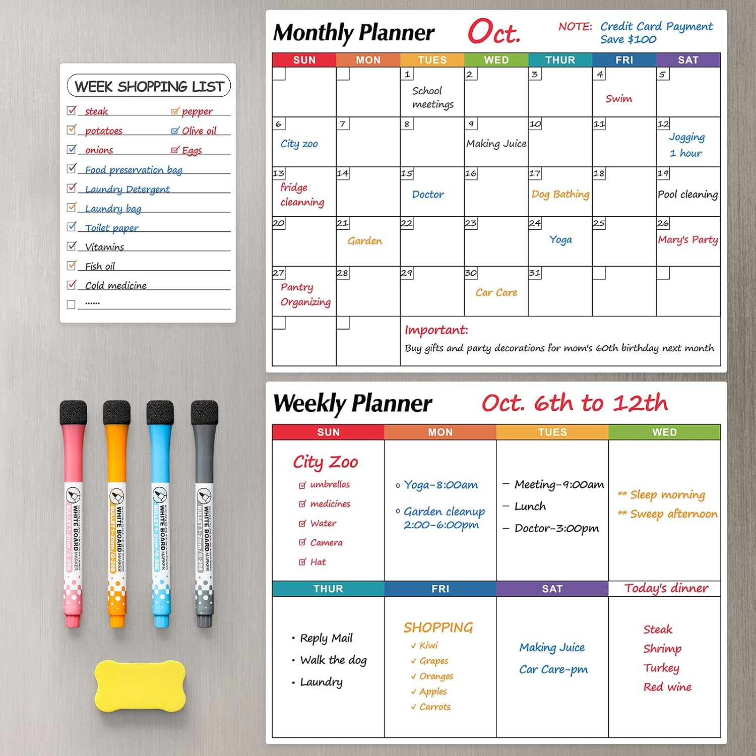 Dry Erase Magnetic Calendar for Refrigerator, 3 Pack- Monthly & Weekly & Daily Planner Magnet Whiteboard for Fridge Wall Door - Shopping, Meal/Menu, to Do List, Family Schedule Planning Board, 14