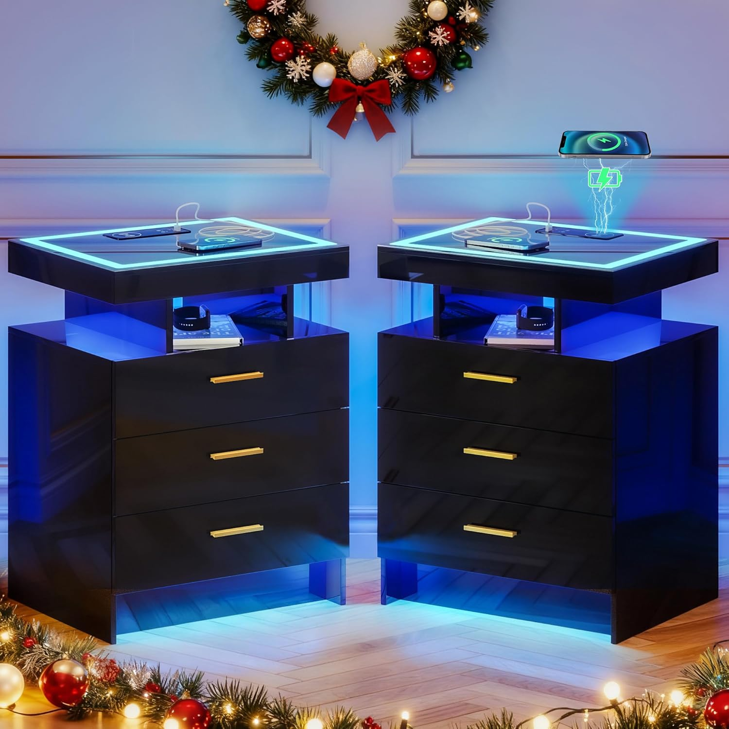 Lvifur 2 Set Nightstands with Wireless Charging Station for Bedroom, Auto Sensor 3 Color Dimmable LED End Table, Modern Bedside Table with 3 Drawers & 3 Open Compartments (2 X Black)