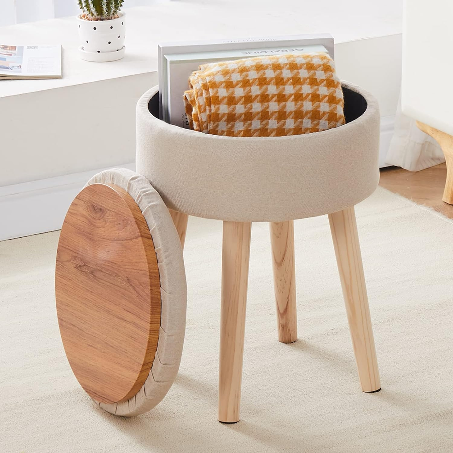 Storage Ottoman Linen round Vanity Stool Tray Top Modern Foot Stool with Wood Legs Multifunctional Upholstered Foot Ottoman Rest for Living Room, Bathroom, Makeup (Beige)