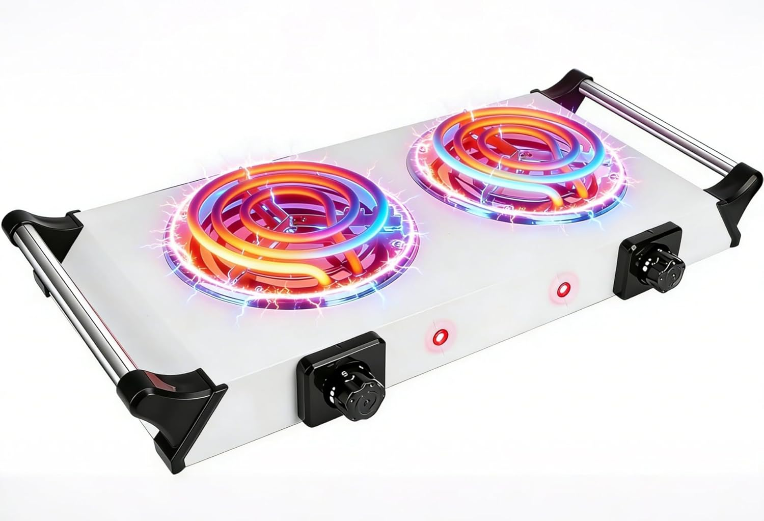 Electric Hot Plate, 2000W Countertop Double Burner with Adjustable Temperature & Handles, Stainless Steel Coil Electric Stove for Cooking Cooktop for Home Kitchen Dorm RV Camp, White