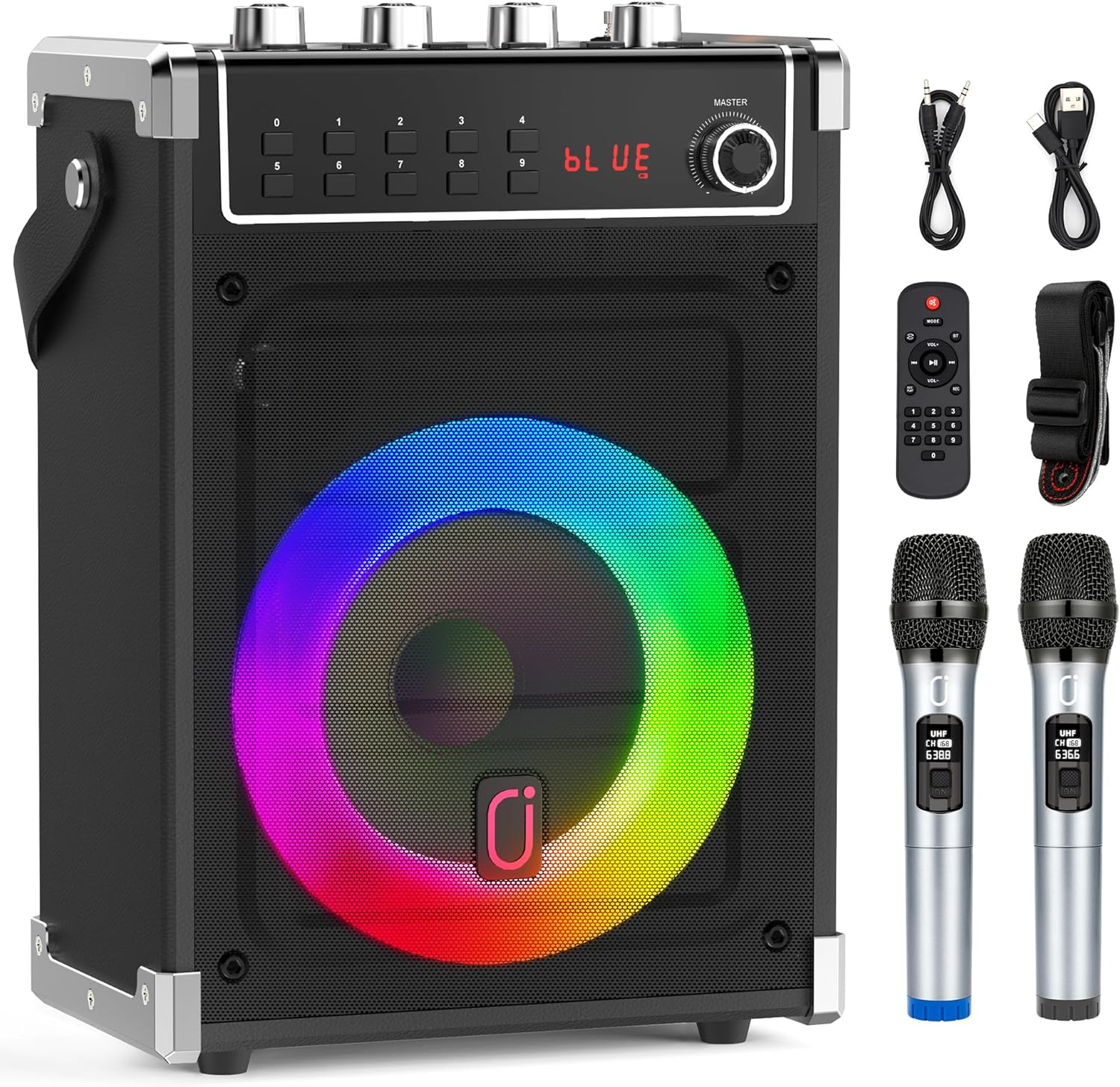 Karaoke Machine with 2 Wireless Microphones, Portable Bass/Treble Bluetooth Speaker with LED Light, Support TWS, AUX In, FM, REC PA System with Remote Control, Supply for Party/Adults/Kids