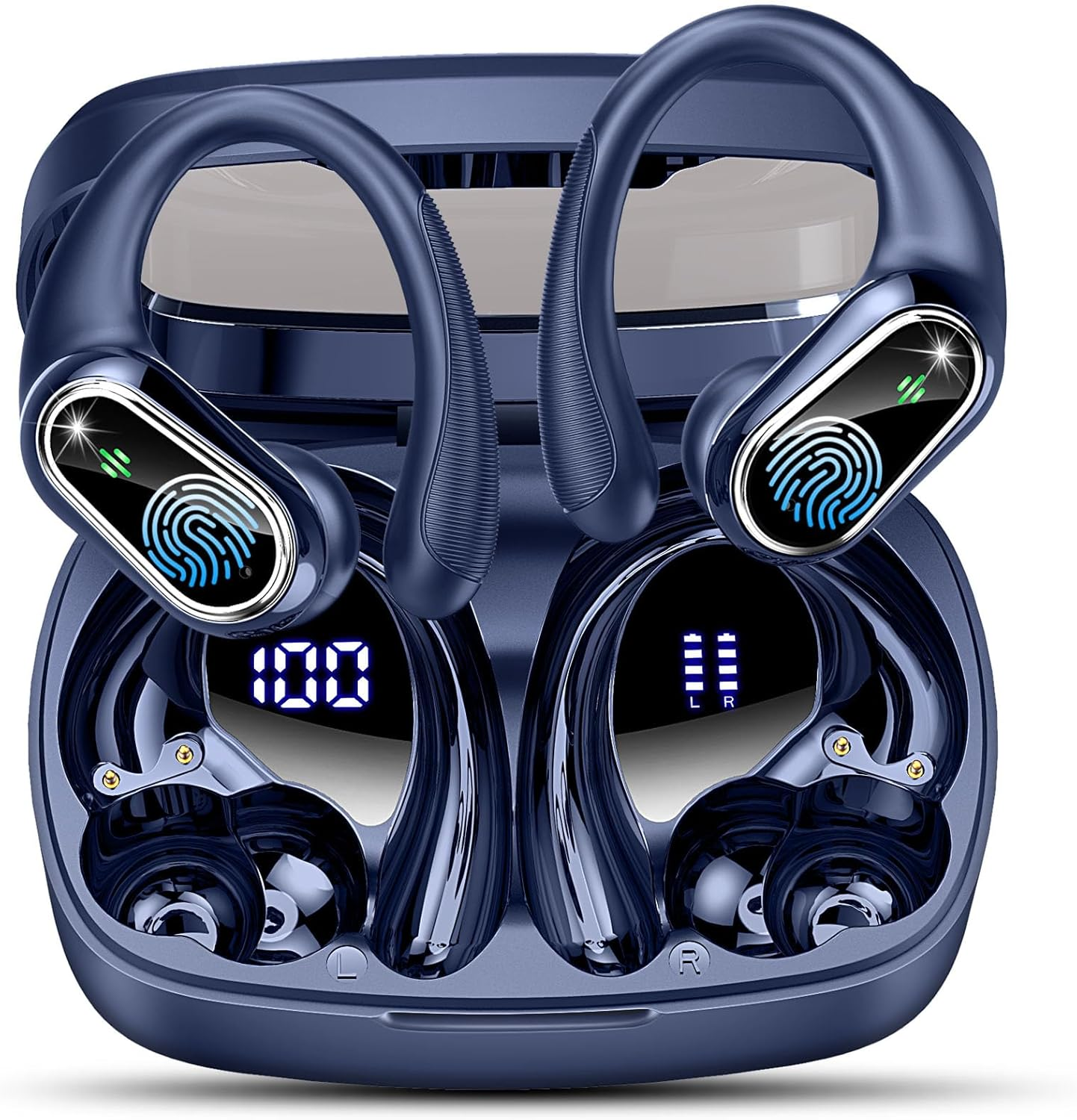 Wireless Earbuds Bluetooth Headphones, Bluetooth Earbuds Stereo Deep Bass, 50Hrs Playtime over Ear Buds and Noise Canceling Mic, IPX7 Waterproof Earphone for Sports/Workout/Running, Navy Blue