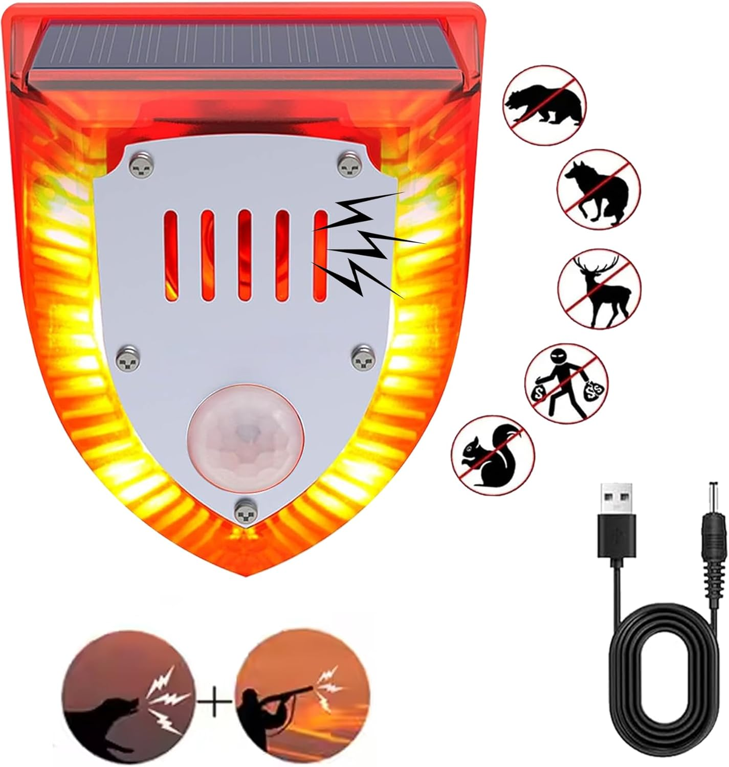 Solar Outdoor Motion Sensor Alarm: 129Db Dog Barking & Gunshot Sound,Loud Motion Detector Noise Maker,Barking Dog Alarm Strobe Light Warning Lamp (911V 1 Pack)