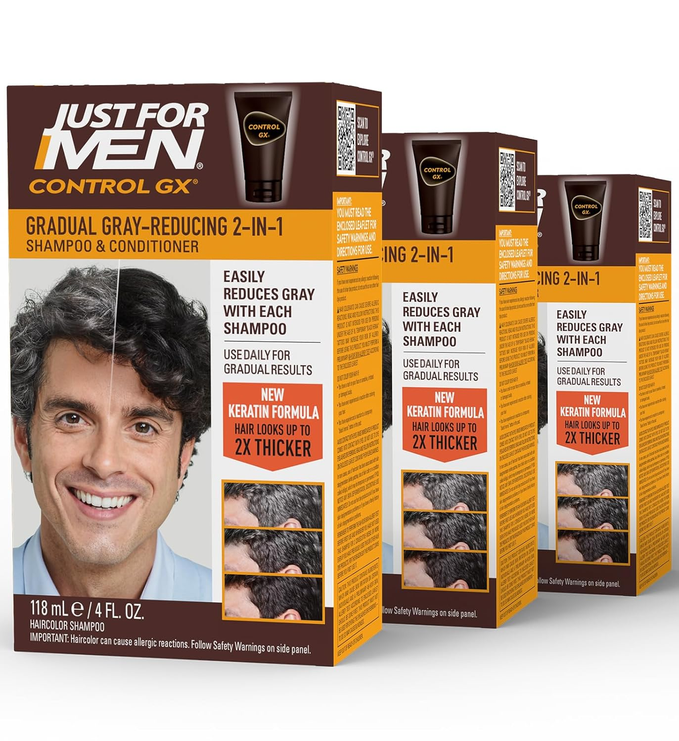Just For Men Control GX Grey Reducing 2 in 1 Shampoo & Conditioner 4Oz Pack of 3