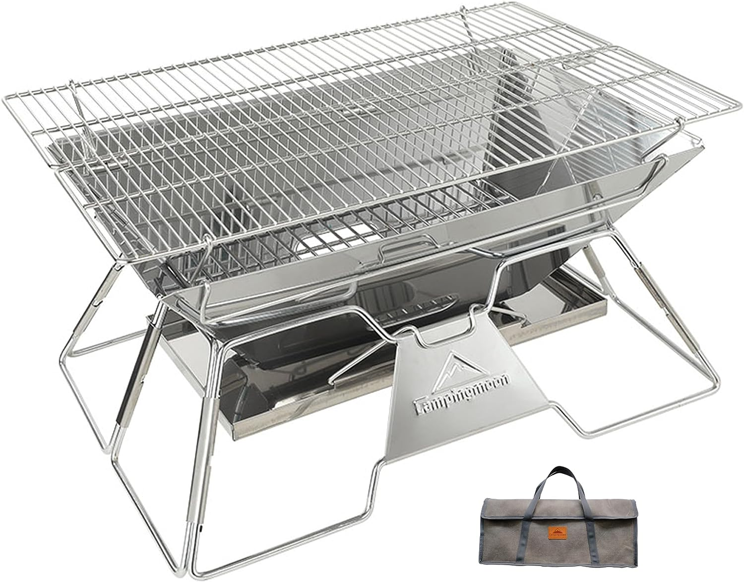 CAMPINGMOON Large Portable Campfire Fire Pit BBQ Grill Stainless Steel Foldable Collapsible Wood Burning Charcoal Grill Heavy Duty Outdoor Cooking RV Camping, 20X13-Inch, Carry Bag Included MT-3