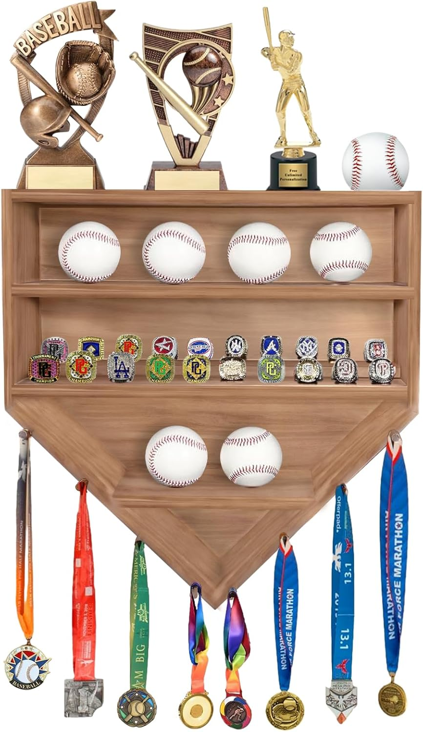Baseball Holder Display Case Wooden Championship Ring Display Case Wall Mounted for Balls, Rings, Medals, Trophies