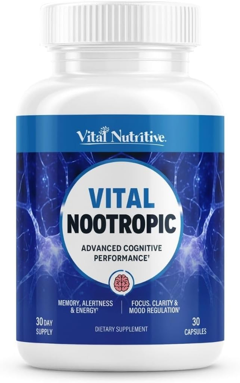 Vital Nootropic 12-In-1 Brain Supplement for Memory, Focus & Energy Support – L-Tyrosine, Bacopa, Rhodiola, Caffeine, B Vitamins – Cognitive Balance Capsules for Men & Women-30 Days Supply