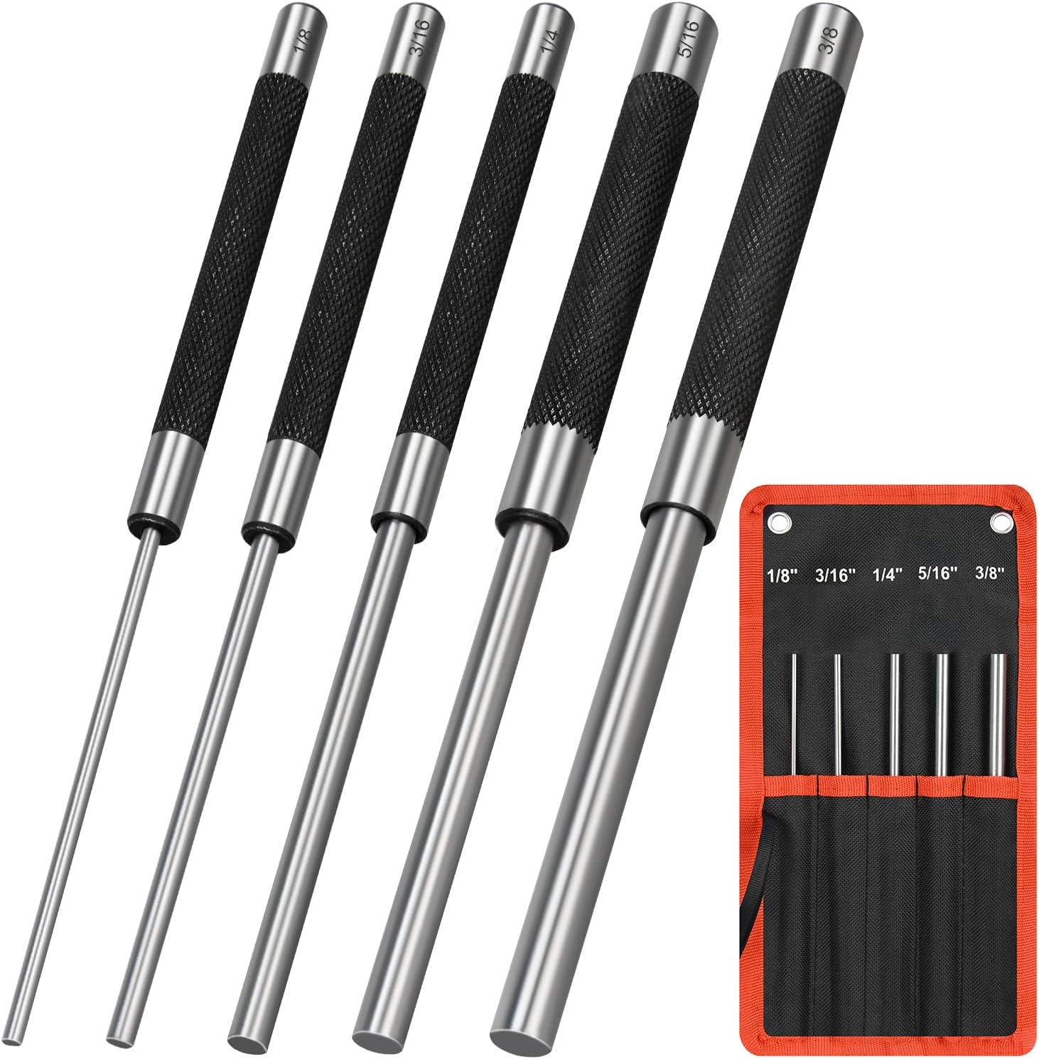 8In Long Carbon Steel Pin Punch Set, 5Pcs Pin Punch Sizes 1/8